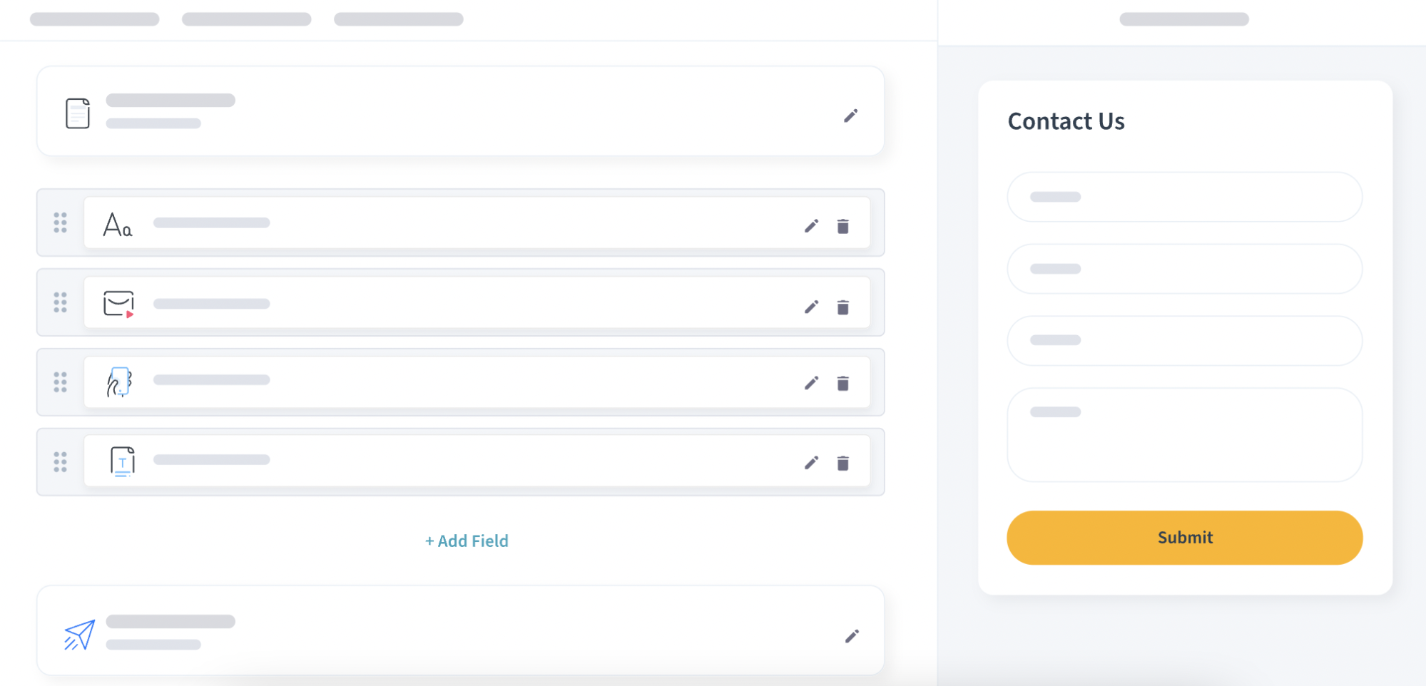 A user interface showing a customizable form builder on the left with editable fields and icons, and a Contact Us form preview on the right—perfect for integrating with the best CRM for lead management—for capturing names, emails, messages, and more.