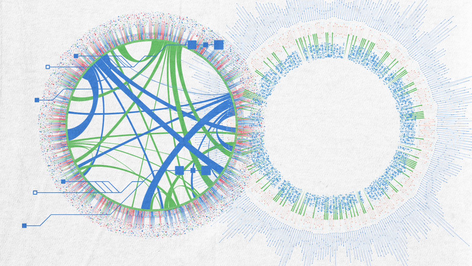 A circular data visualization with colorful lines and nodes—ideal for showcasing the best CRM for lead management. The left half features green and blue lines connecting points, while the right shows a ring of blue and red marks radiating outward.