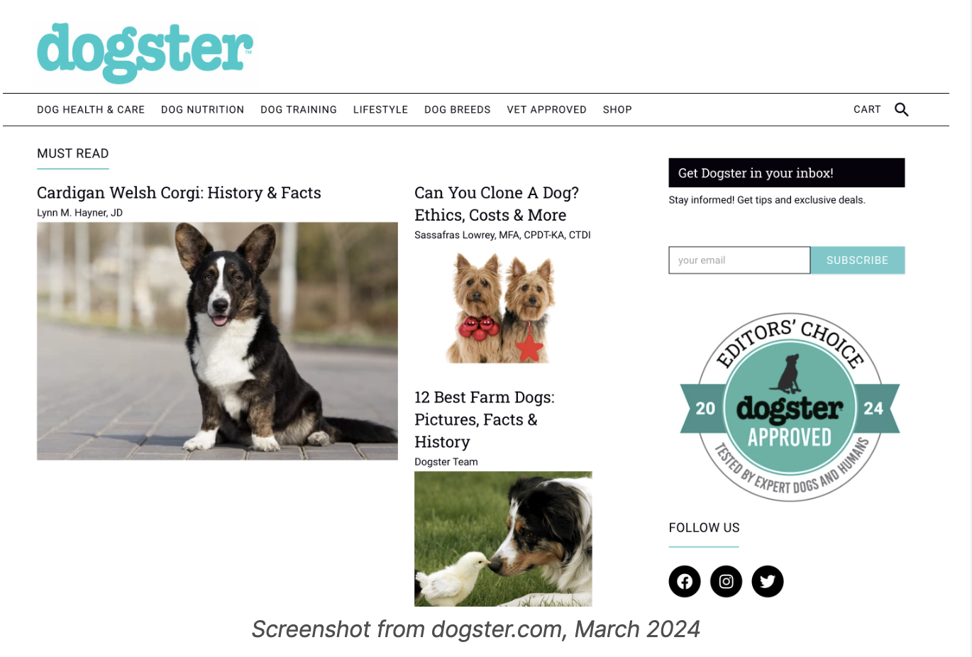 Screenshot of Dogster.com homepage featuring articles about dog breeds, an email subscription form, and editors' choice badge from March 2024.