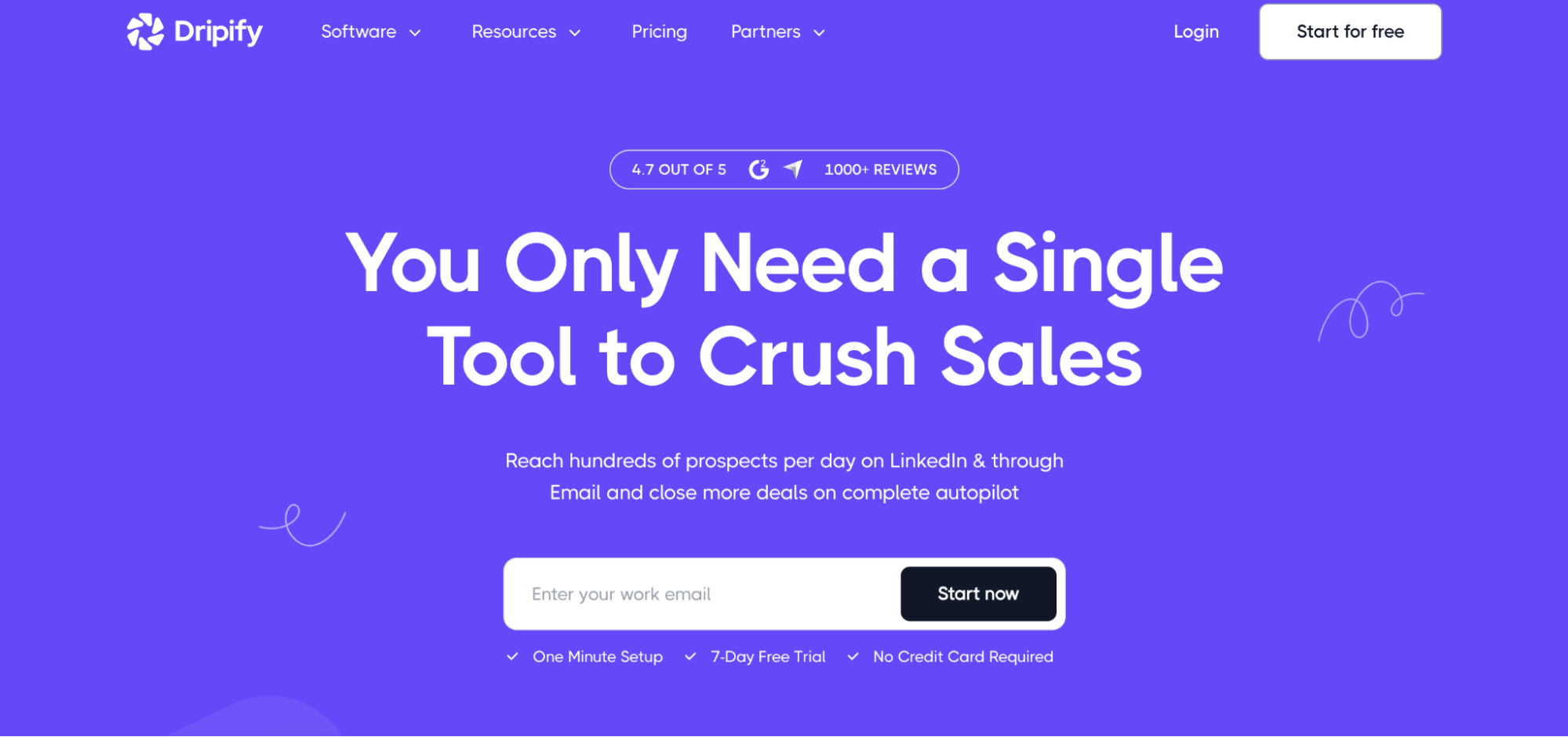 A purple webpage for Dripify highlights its status as one of the Best Lead Generation Tools, featuring a review rating, a headline, email signup box, free trial, one-minute setup, and no credit card required.