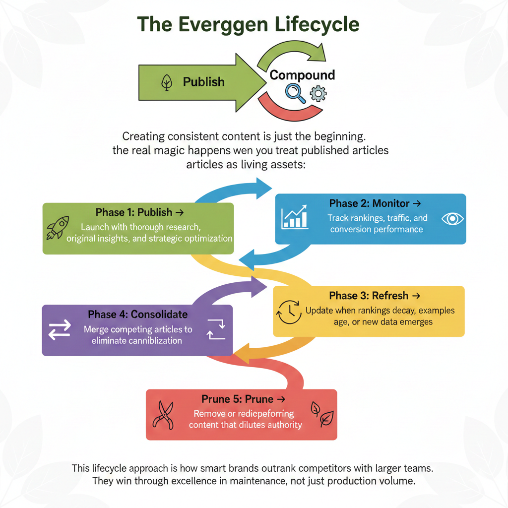 Flowchart illustrating the evergreen content lifecycle with five phases: publish, monitor, refresh, consolidate, and prune for sustainable content marketing.