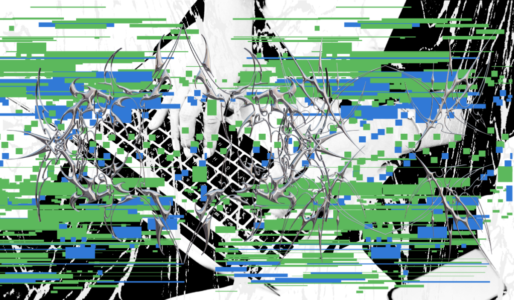Abstract digital glitch graphic representing the complexity of an evergreen content marketing strategy in a tech-driven landscape.