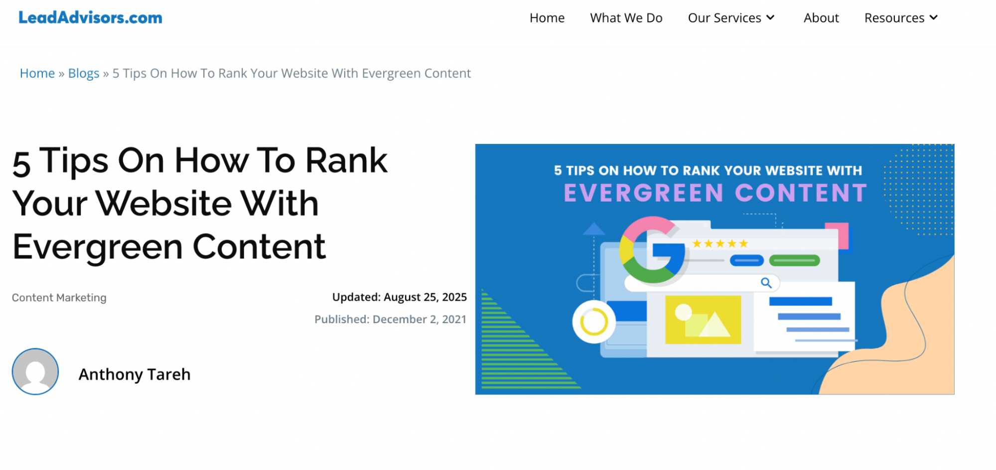 Blog post header from LeadAdvisors.com featuring article about ranking websites with evergreen content, authored by Anthony Tareh and updated August 2025.