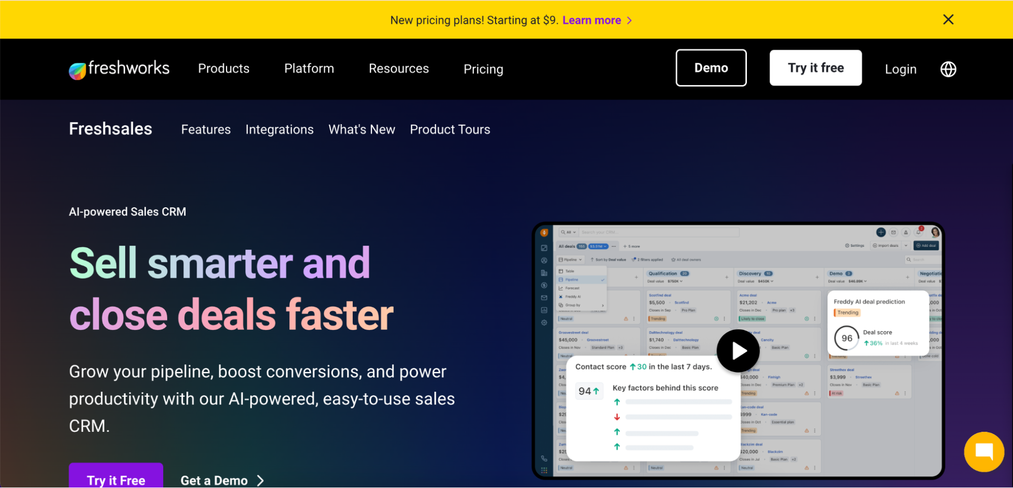 Screenshot of the Freshsales website, featuring its tagline Sell smarter and close deals faster, a product demo video, navigation menu, and a yellow banner with new pricing plans—highlighting why it’s considered the best CRM for lead management.