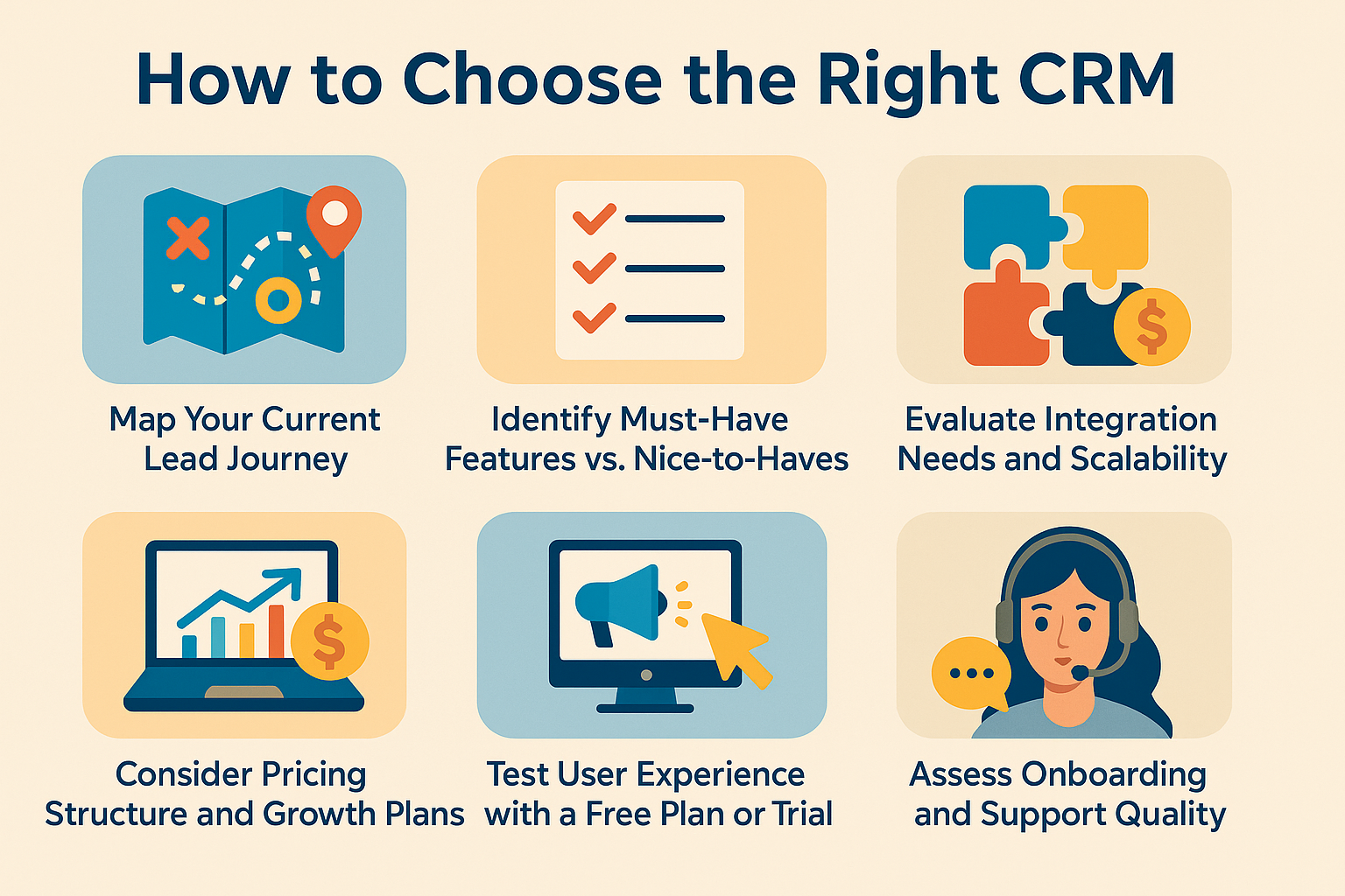 Infographic titled How to Choose the Right CRM with six illustrated tips: map your lead journey, identify must-have features, evaluate integration needs, consider pricing, test user experience, and find the best CRM for lead management.
