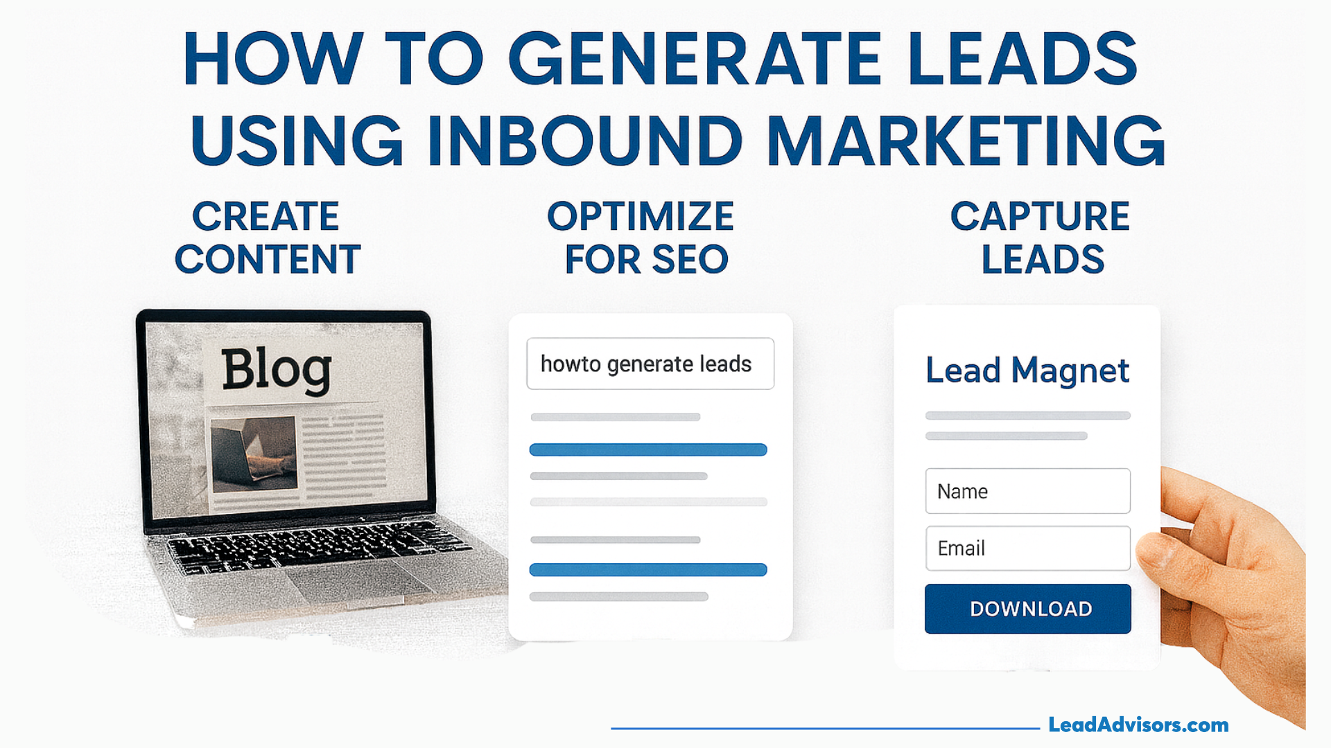 Infographic titled "How to Generate Leads Using Inbound Marketing," showing three steps: Create Content (illustrated with a laptop displaying a blog), Optimize for SEO (illustrated with a search bar and highlighted results), and Capture Leads (illustrated with a lead magnet form requesting name and email with a download button).