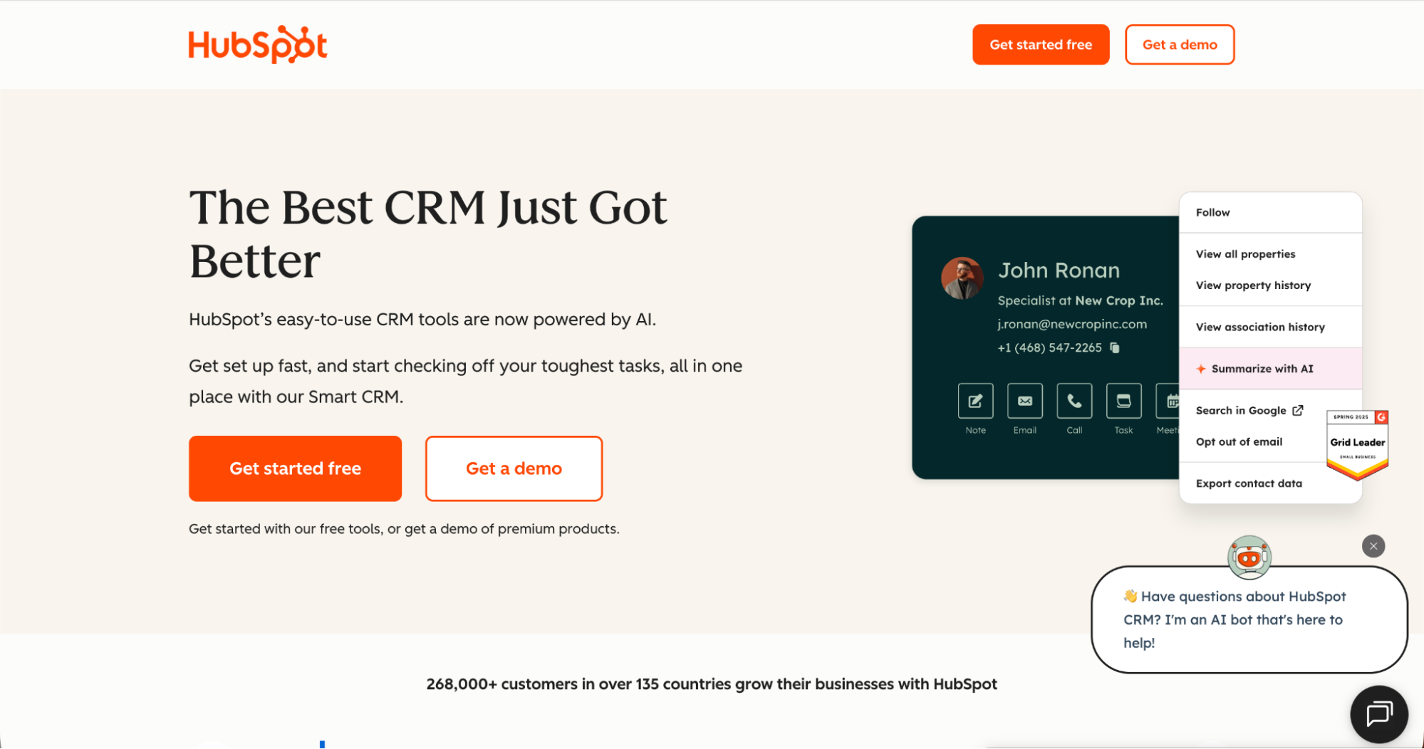 A HubSpot webpage promoting its AI-powered CRM tools and Best Lead Generation Tools, featuring call-to-action buttons (Get started free and Get a demo), a profile card, and a dropdown menu. The page uses a white and orange color scheme.