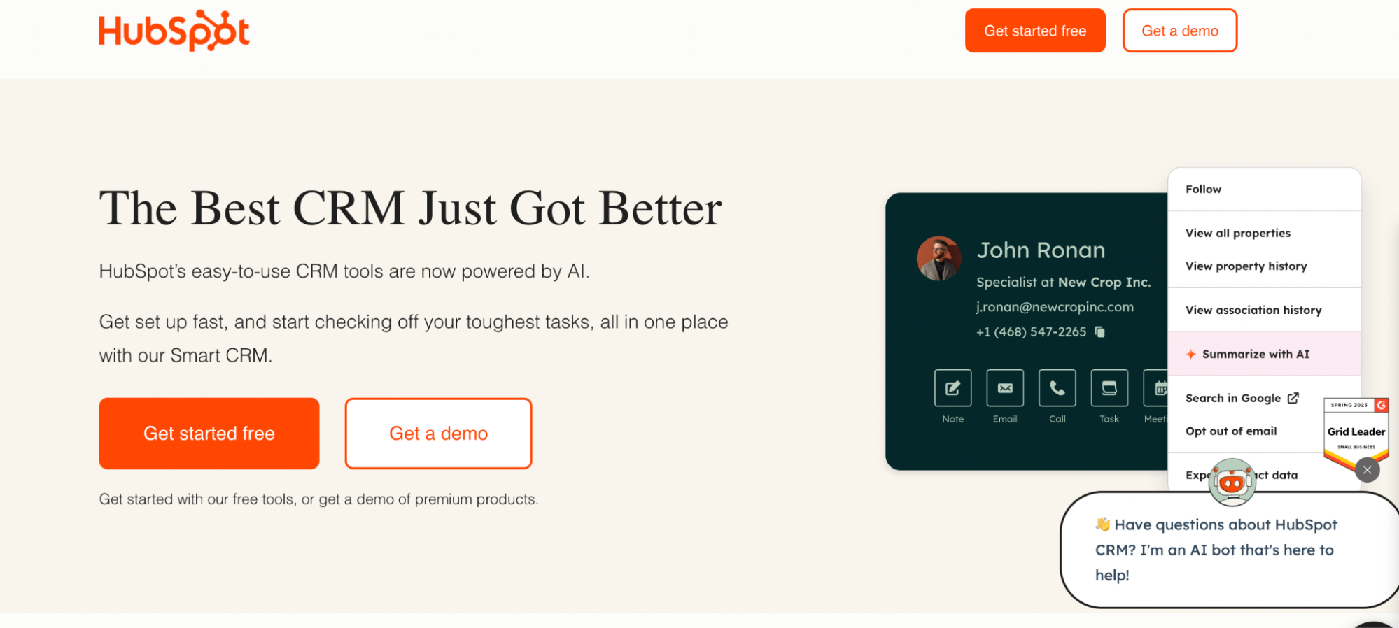 A webpage for HubSpot CRM features a headline The Best CRM Just Got Better and promotes AI-powered tools, positioning it as the best CRM for lead management. Buttons for Get started free and Get a demo appear, along with a chat popup and highlighted contact card.