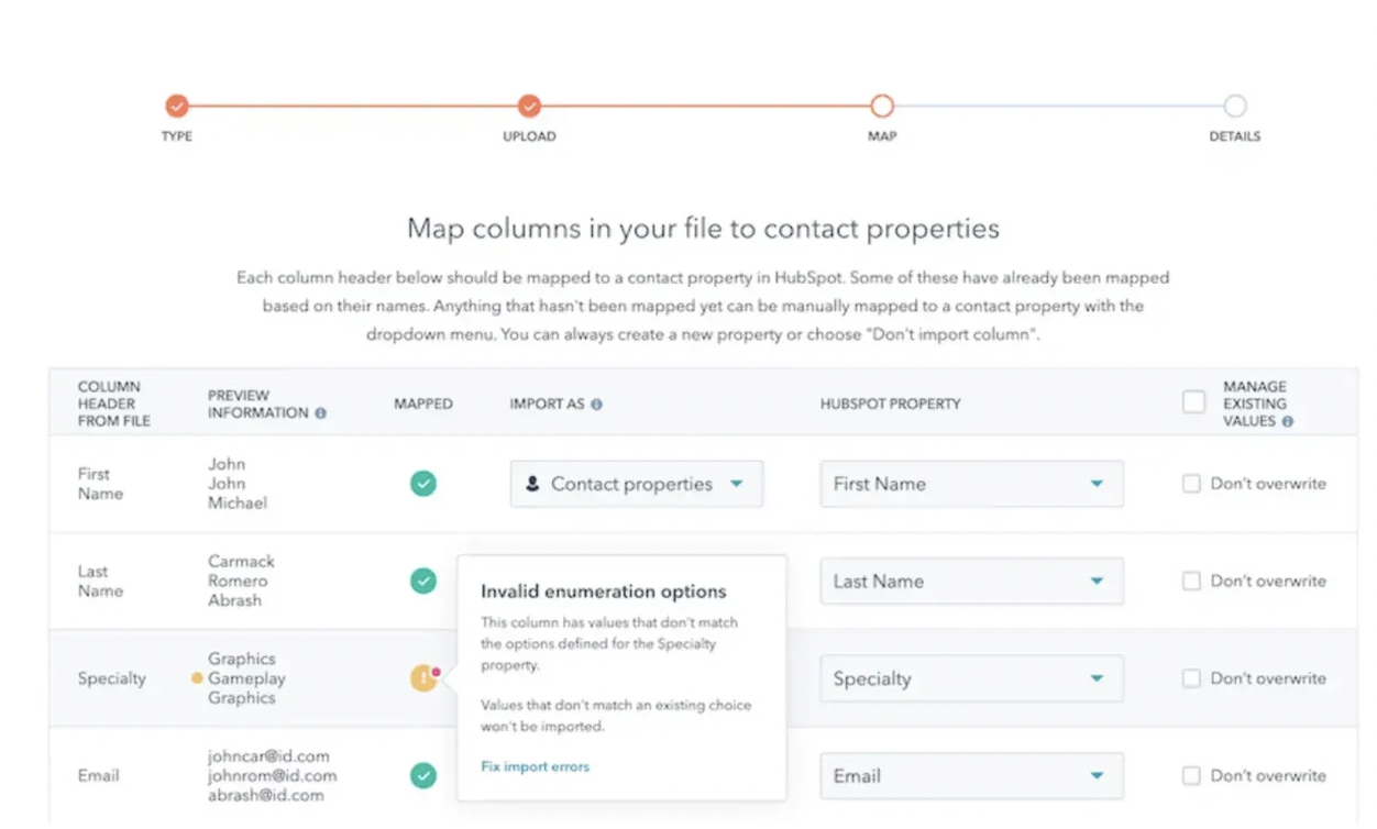 A data import interface in the best CRM for lead management shows columns mapped to contact properties like Name, Specialty, and Email. An error message highlights invalid options for the Specialty field.