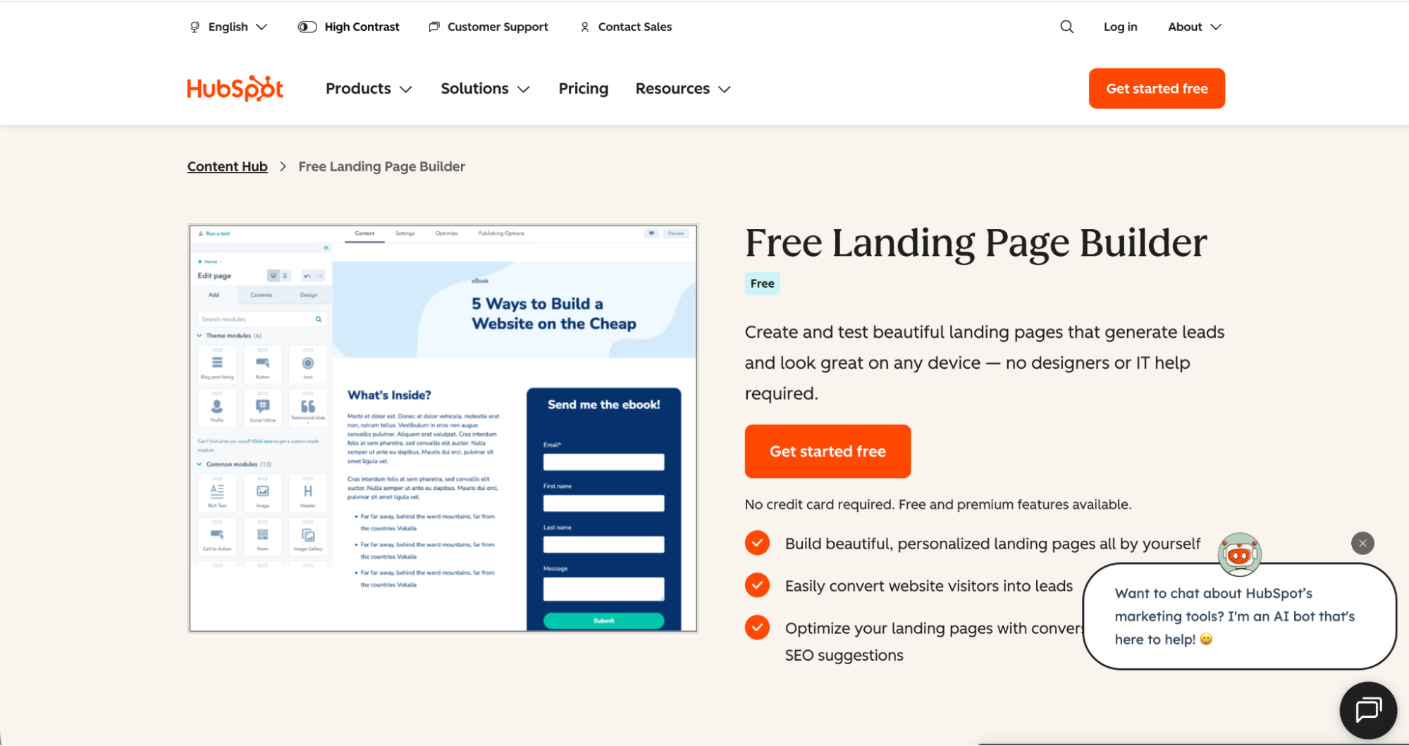 Screenshot of HubSpot’s Free Landing Page Builder webpage, featuring a preview of a landing page on the left and text on the right highlighting why it’s among the Best Lead Generation Tools, with orange “Get started free” buttons.
