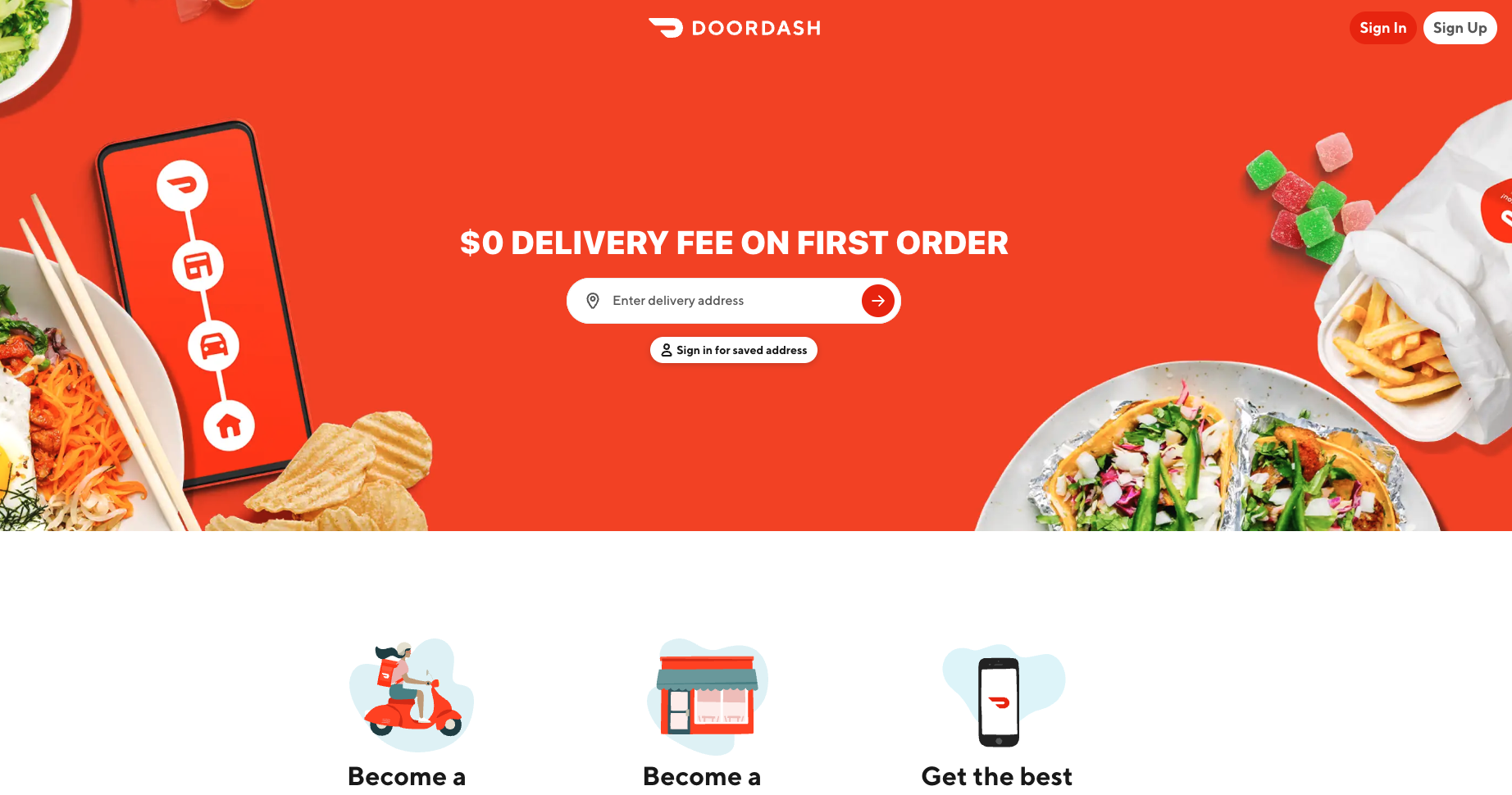 Screenshot of the DoorDash homepage showcasing a $0 delivery fee offer on the first order, with a central delivery address input, bold red branding, mobile order visual, and various food items like tacos, fries, and noodles.