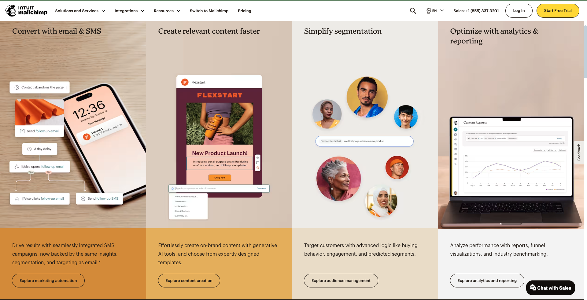 Screenshot from Mailchimp’s homepage showcasing four core features: email and SMS automation, AI-powered content creation, customer segmentation tools, and marketing analytics with reporting dashboards.