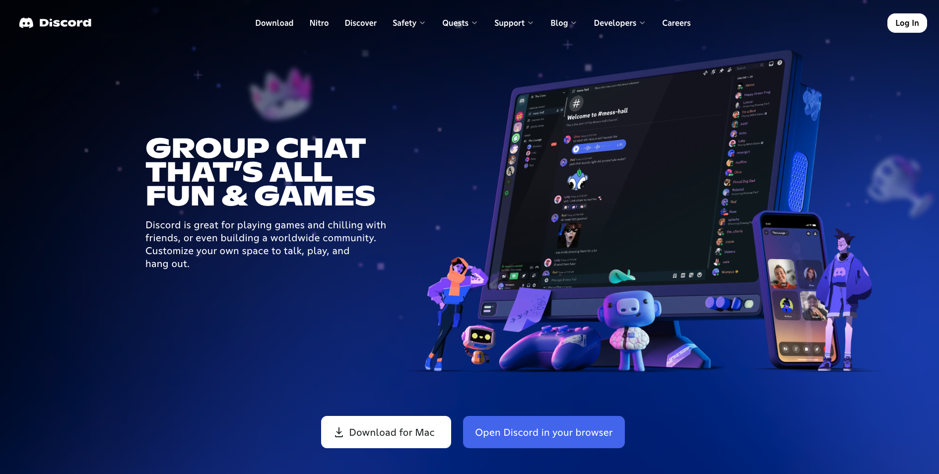 Discord’s homepage showing the tagline "Group Chat That’s All Fun & Games" with a preview of chat UI on desktop and mobile devices, surrounded by illustrated characters in a cosmic theme.