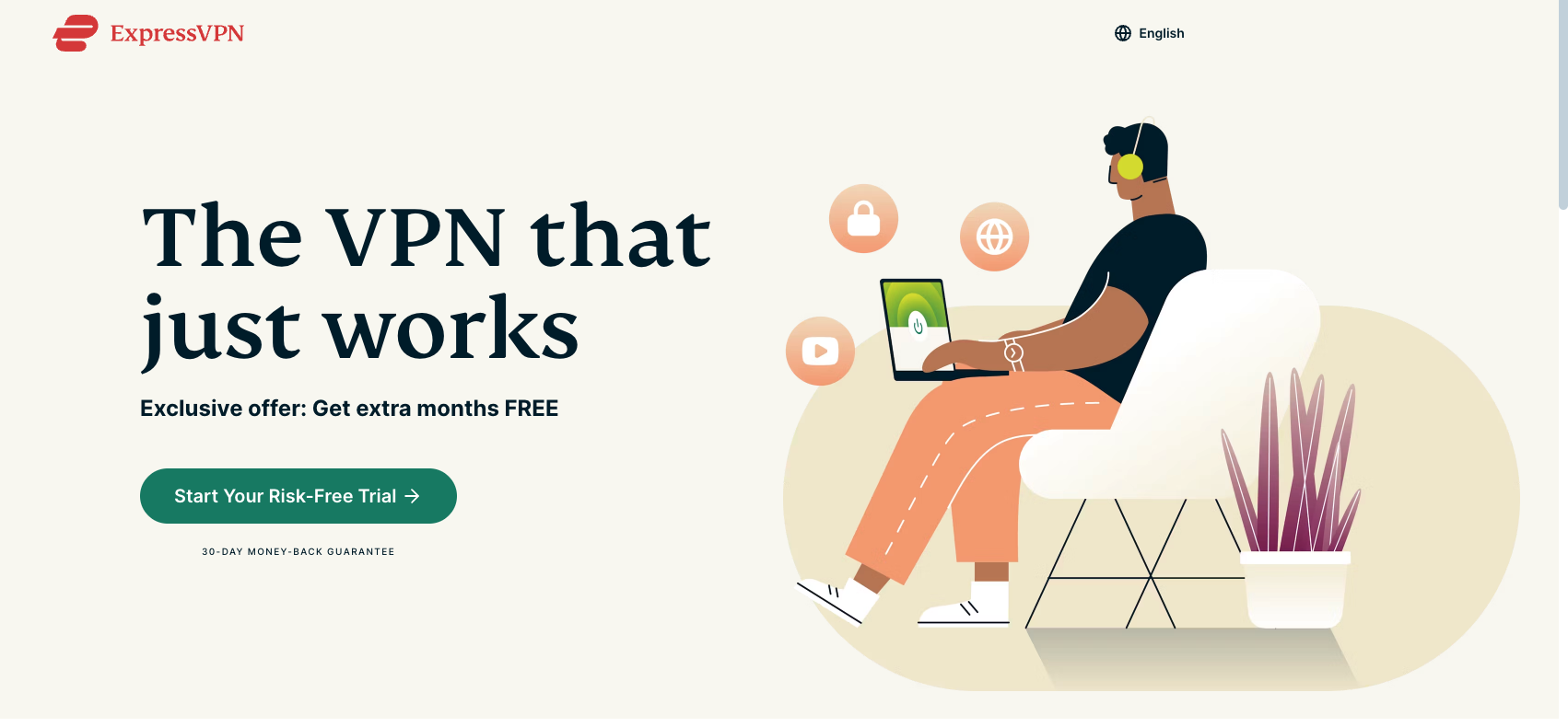 Screenshot of ExpressVPN’s homepage featuring the headline 'The VPN that just works', a call-to-action button for a risk-free trial, and an illustration of a person using a laptop with icons for security, web browsing, and video streaming.