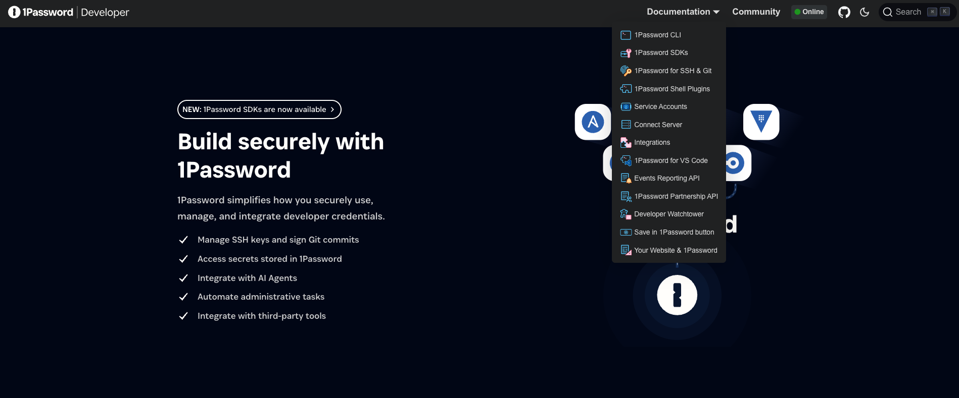 Screenshot of the 1Password Developer Portal highlighting secure credential management, integration options, and documentation for CLI, SDKs, APIs, and tools like VS Code, Git, and AI agents.