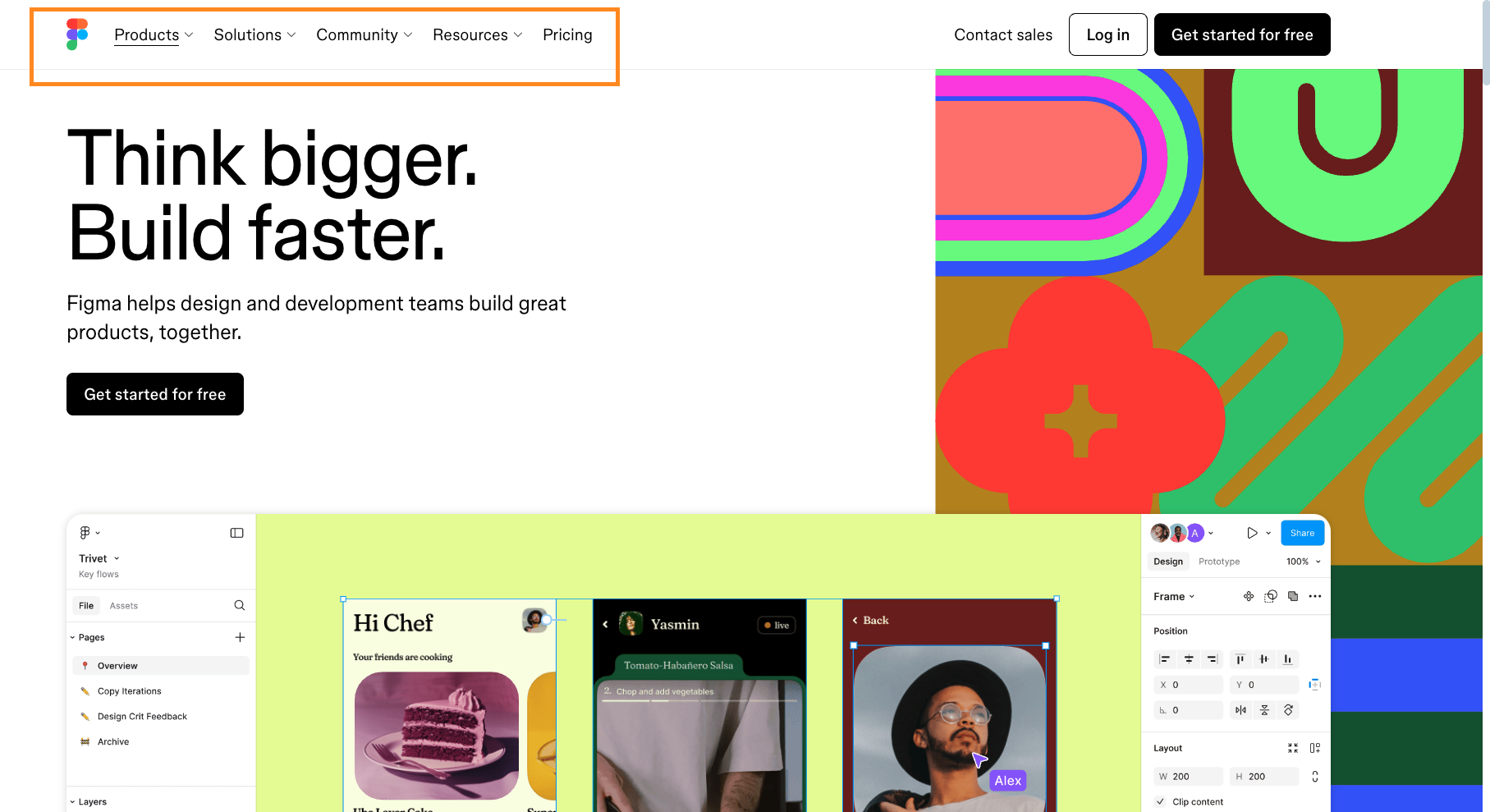 Figma homepage displaying a bold headline "Think bigger. Build faster." with UI previews of collaborative design tools and a top navigation menu including Products, Solutions, Community, Resources, and Pricing.