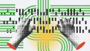 Abstract digital artwork showing pixelated hands interacting with vertical and horizontal green and black lines symbolizing data streams, coding, or AI systems.