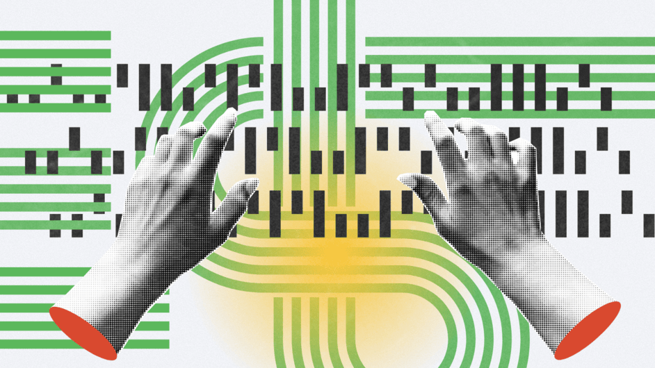 Abstract digital artwork showing pixelated hands interacting with vertical and horizontal green and black lines symbolizing data streams, coding, or AI systems.