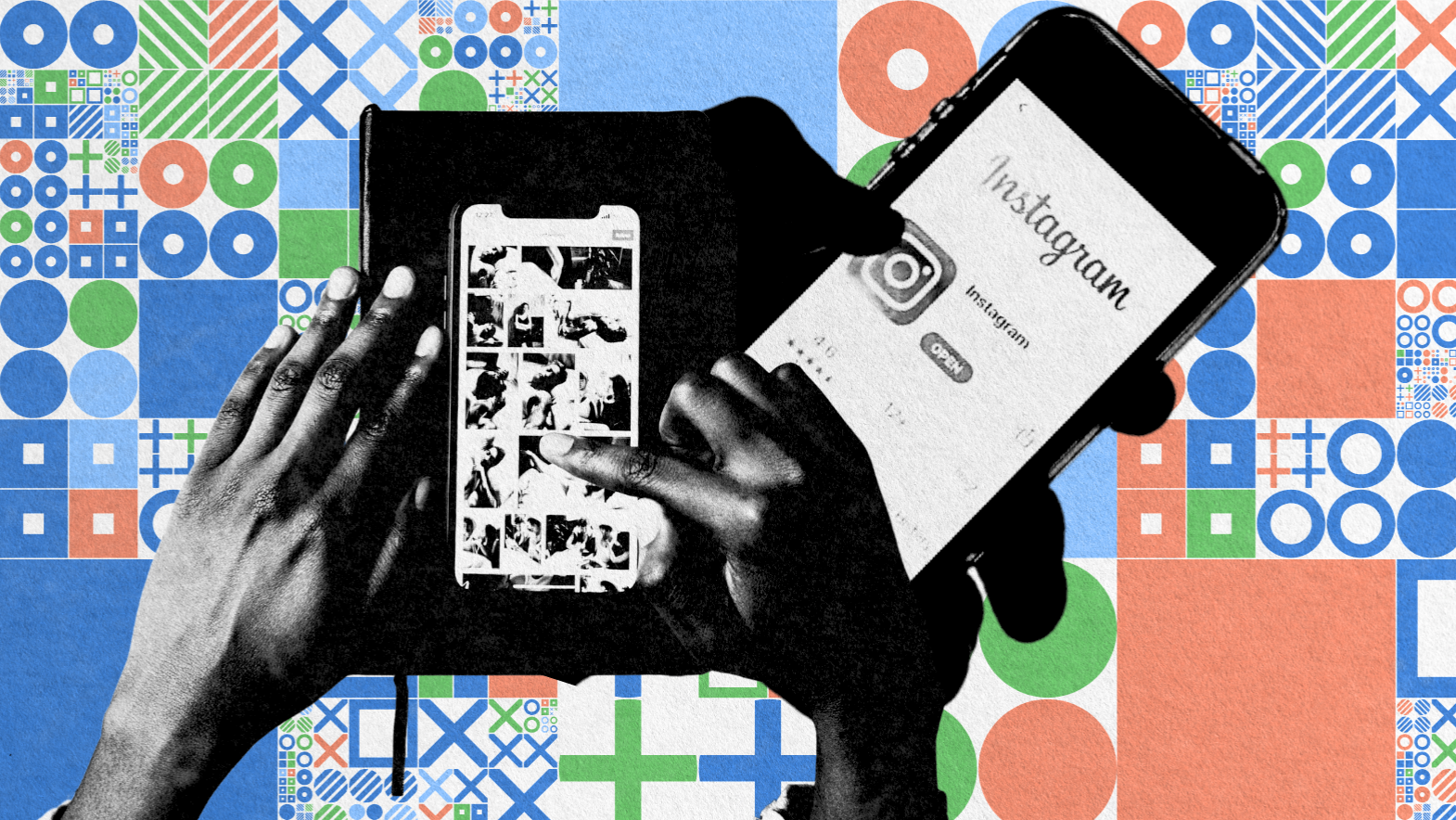 Two hands hold smartphones; one scrolls through a photo grid, while the other displays the Instagram login screen—capturing the vibrant journey of discovering how to get Instagram followers against a colorful geometric background.