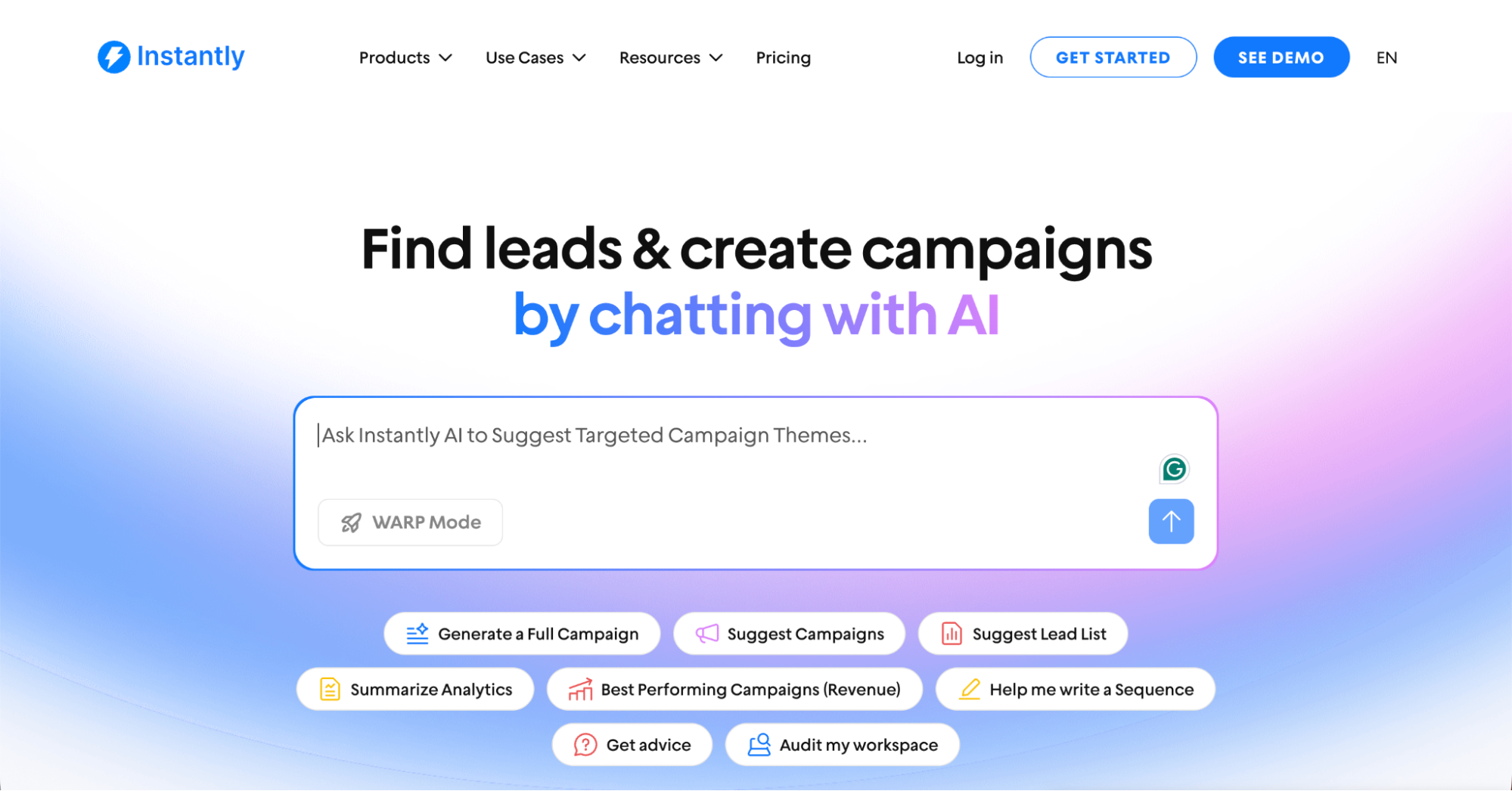 A website homepage for Instantly with the headline Find leads & create campaigns by chatting with AI and a search bar. Below are colorful buttons for actions like generating campaigns, suggesting leads, and exploring Best Lead Generation Tools.