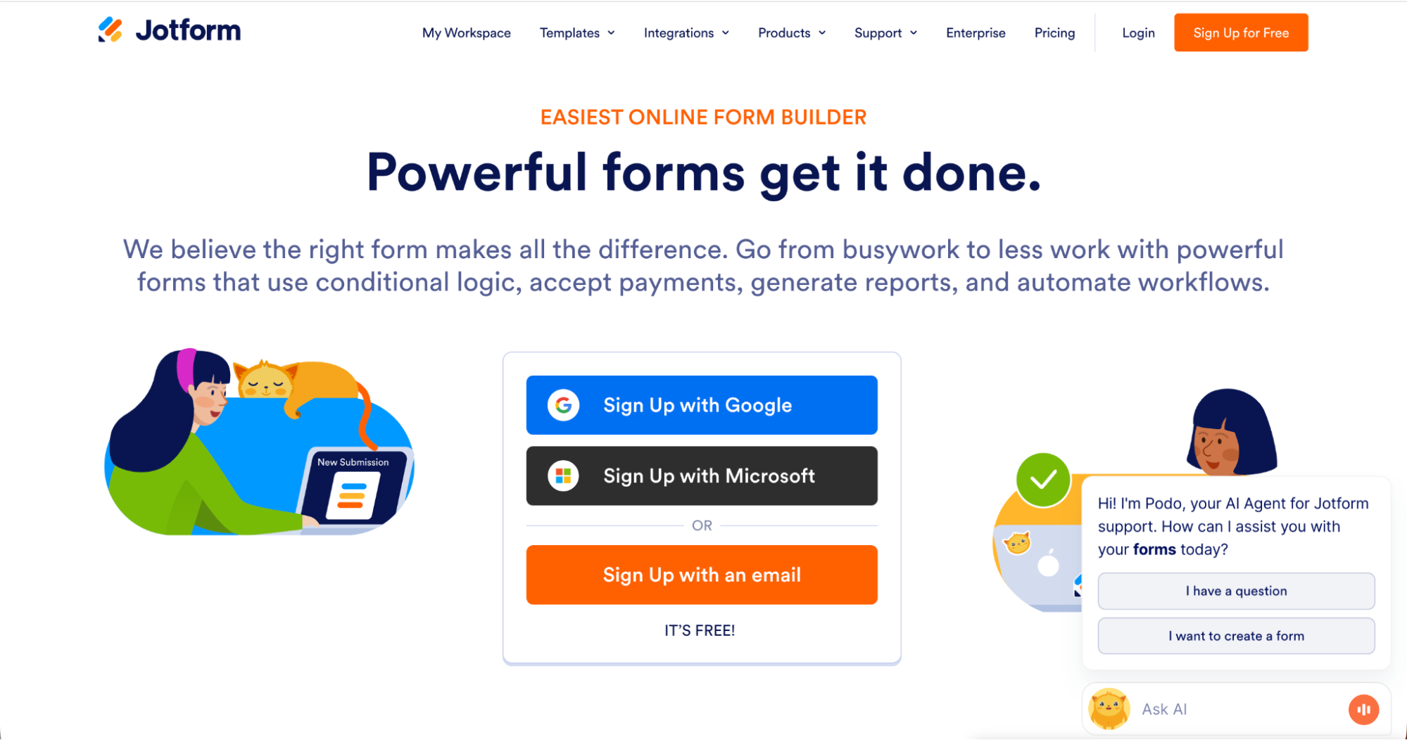 Jotform homepage featuring a headline about powerful online forms, sign-up options with Google, Microsoft, or email, and illustrated characters on either side—showcasing why it's among the best lead generation tools. A chat window in the bottom right offers live support.