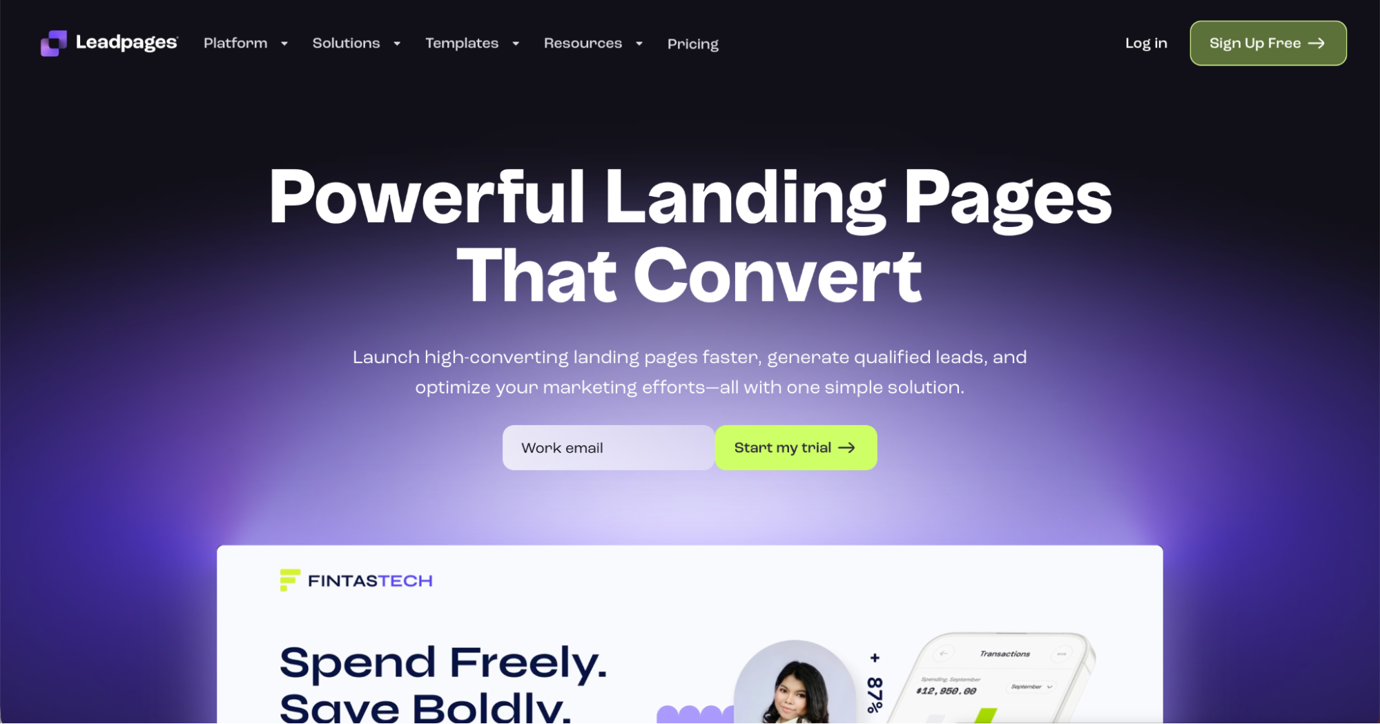 Screenshot of the Leadpages homepage featuring the headline “Powerful Landing Pages That Convert,” showcasing why it’s among the Best Lead Generation Tools, with an email input, “Start my trial” button, navigation menu, and a green “Sign Up Free” button.