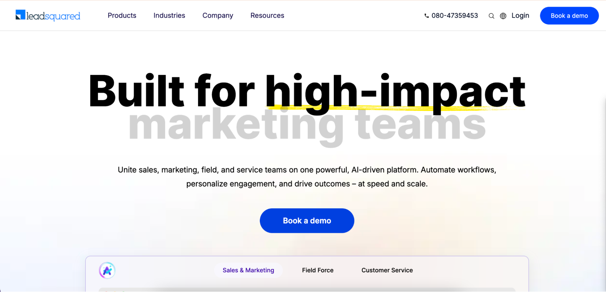 Homepage of Leadsquared’s website displaying the text Built for high-impact marketing teams, with a blue “Book a demo” button and menus for Products, Industries, Company, and Resources—showcasing the best CRM for lead management.