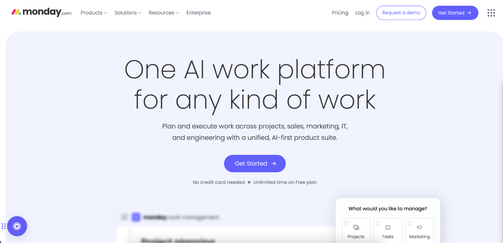 Screenshot of monday.com’s homepage with the headline “One AI work platform for any kind of work,” highlighting its features as the best CRM for lead management and showcasing a prominent Get Started button. Header menu and navigation links appear at the top.