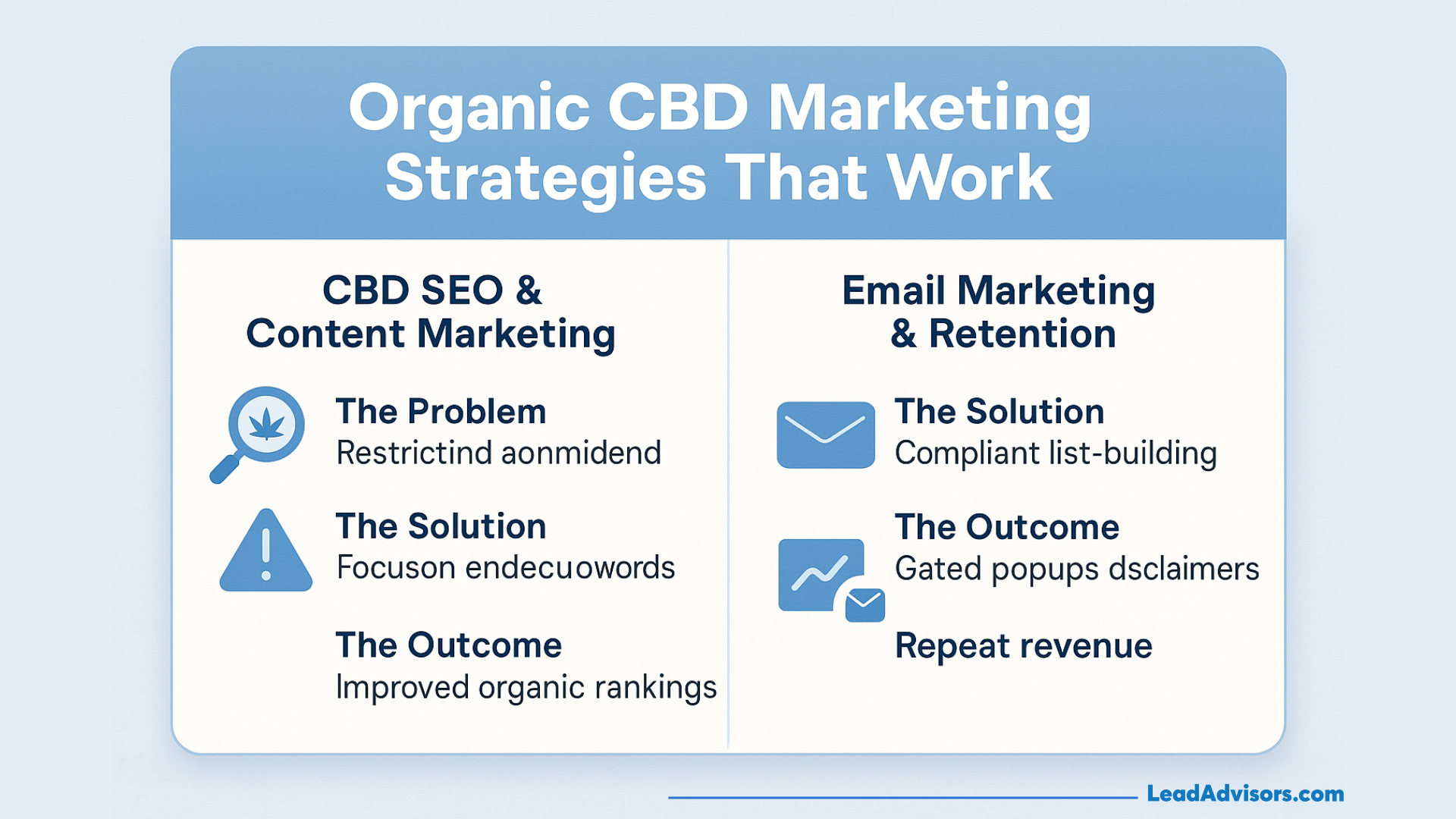 Infographic titled "Organic CBD Marketing Strategies That Work" divided into two sections. On the left, CBD SEO & Content Marketing lists the problem (restricted ad options), the solution (focus on SEO keywords), and the outcome (improved organic rankings). On the right, Email Marketing & Retention highlights the solution (compliant list-building), the outcome (gated popups with disclaimers), and the benefit (repeat revenue). Branding at the bottom: LeadAdvisors.com.