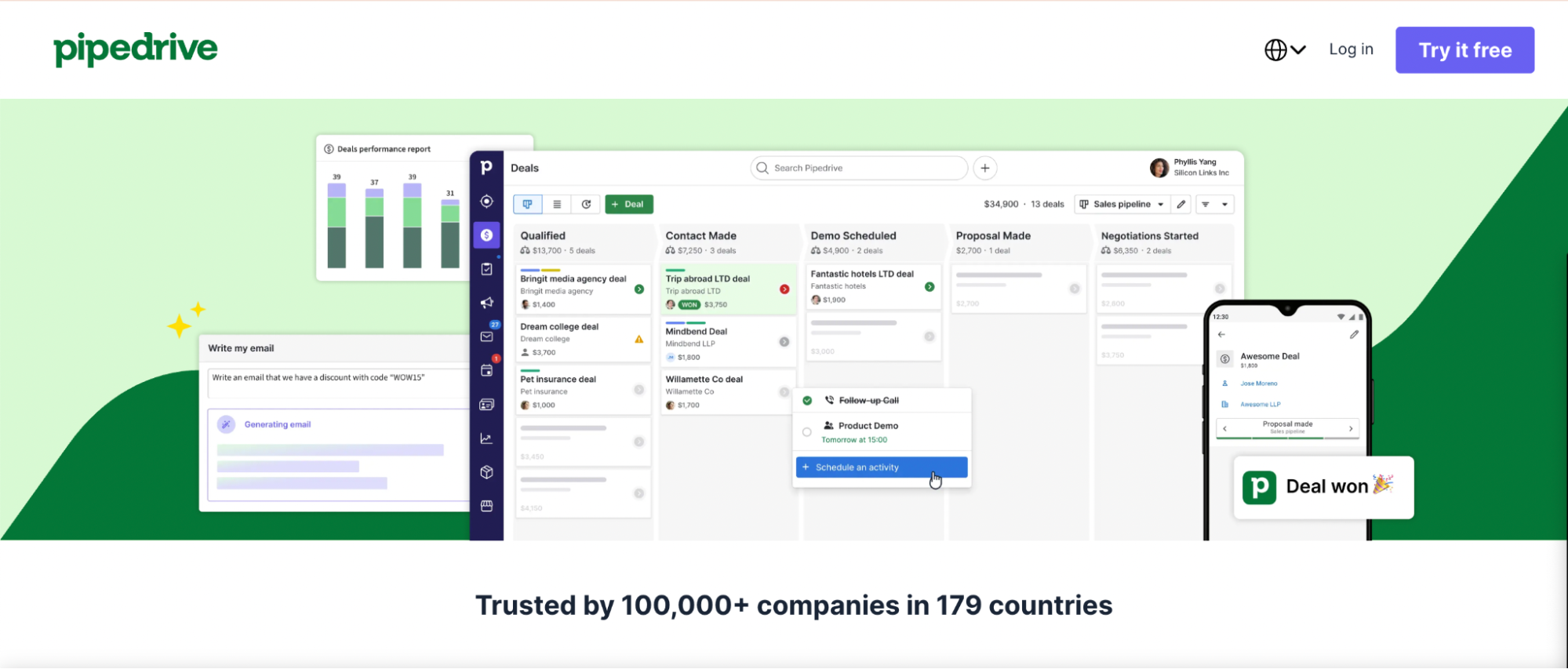 A screenshot of Pipedrive’s interface showing sales analytics, a sales pipeline with deals in columns, and a mobile view with a “Deal won!” notification—highlighting why it’s considered the best CRM for lead management by 100,000+ companies worldwide.