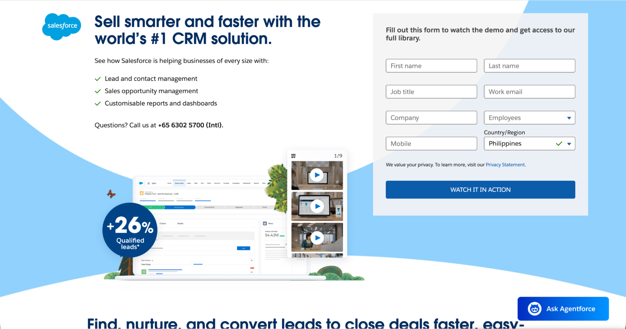 Salesforce’s webpage promotes its CRM solution as one of the Best Lead Generation Tools, showcasing automation, reporting, and a +26% win rate benefit with product screenshots on the left and a demo form on the right.