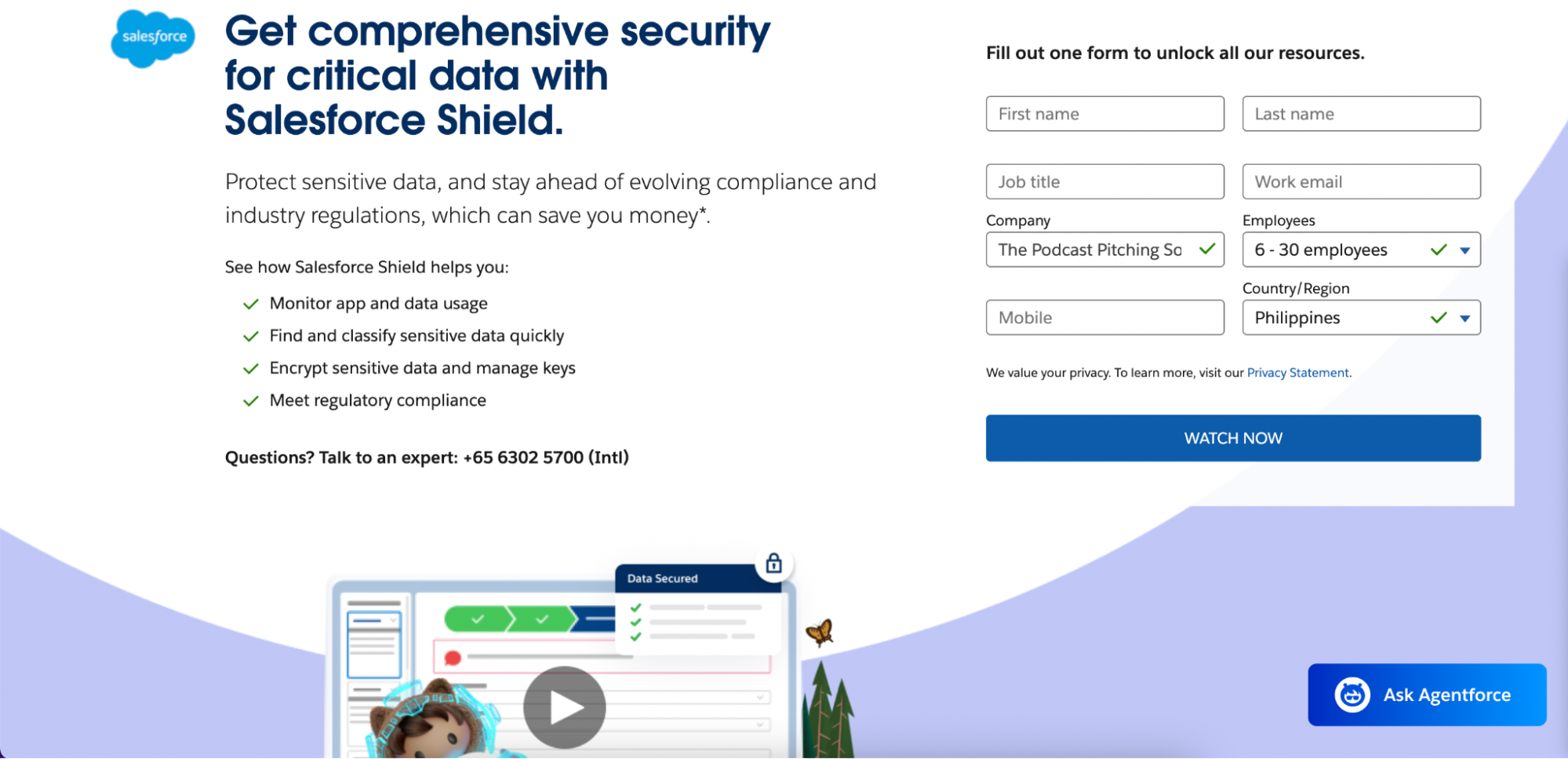 A Salesforce Shield webpage highlights the best CRM for lead management, offering security for critical data. The left lists features like monitoring and compliance, while the right shows a signup form, with a cartoon character and data visualization below.