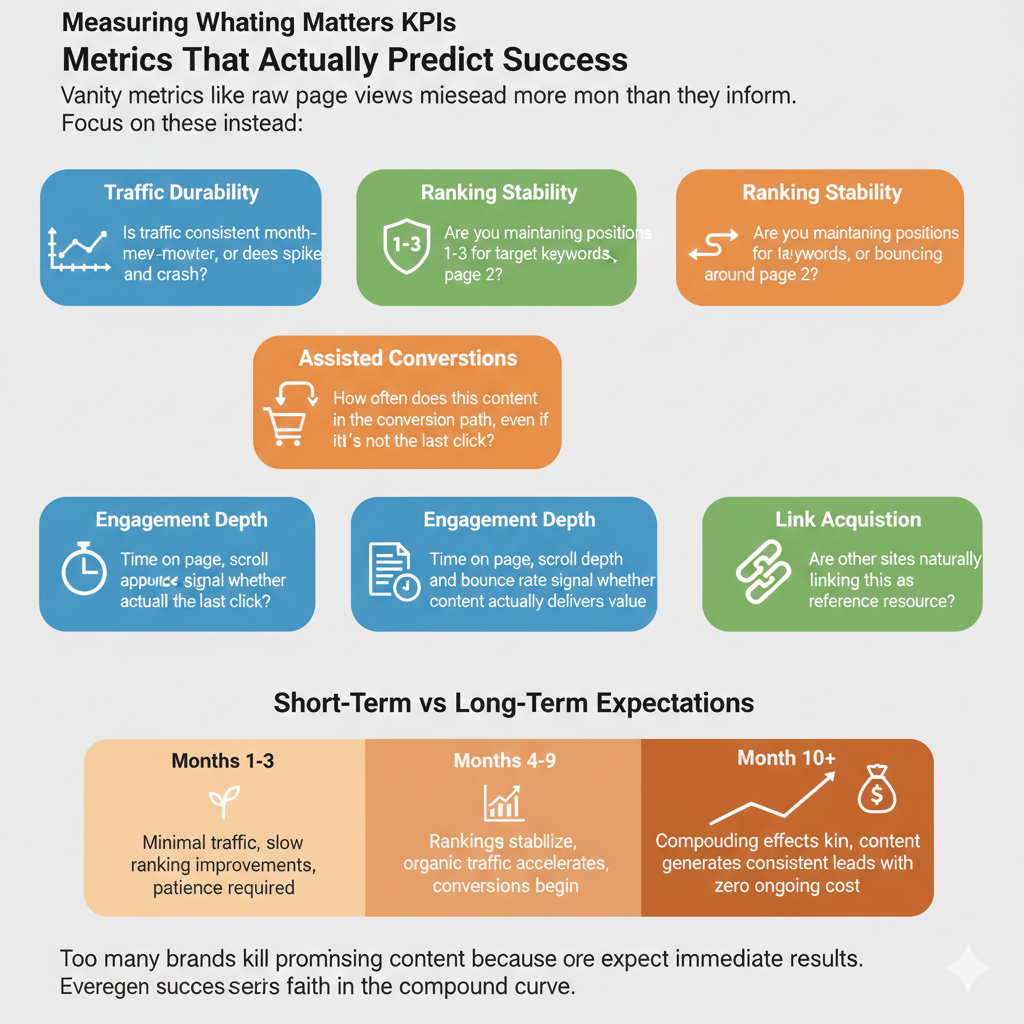 Infographic displaying meaningful SEO metrics including traffic durability, ranking stability, engagement depth, and short-term versus long-term expectations timeline.