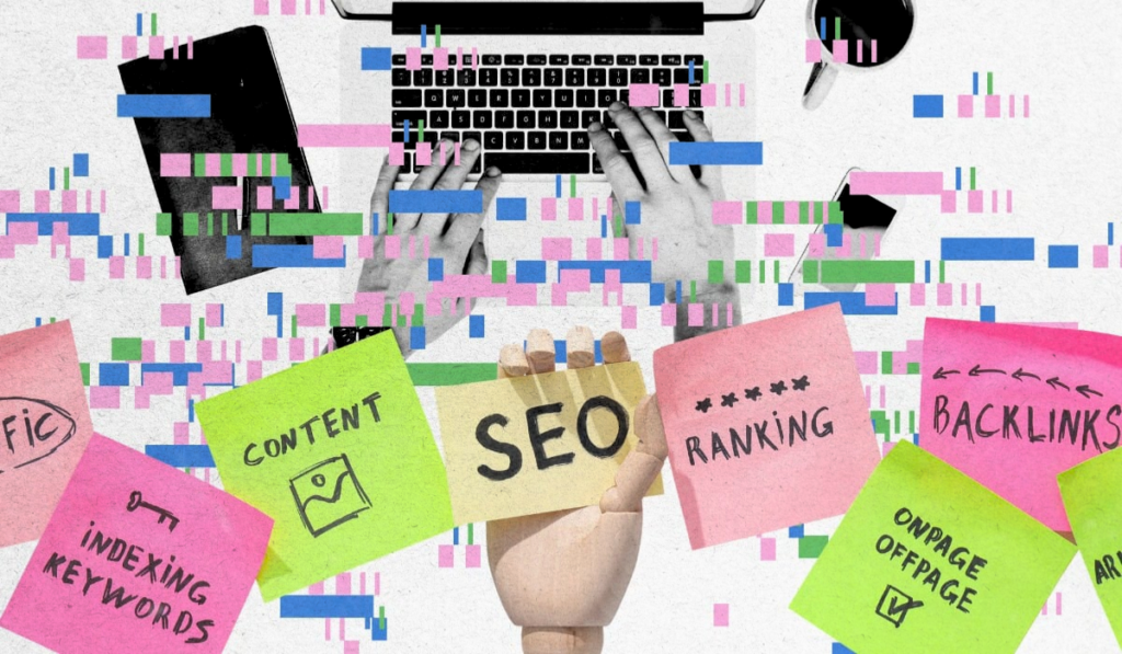 A creative collage for small business SEO featuring a laptop and sticky notes with key tasks like indexing keywords, on-page optimization, and ranking.