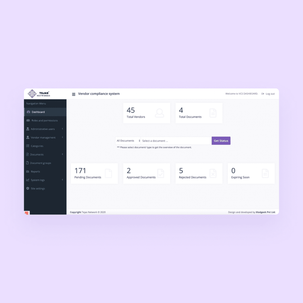 Vendor compliance software dashboard