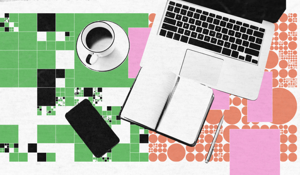 Overhead view of a modern workspace featuring a laptop, open notebook, smartphone, pen, and coffee cup on a colorful geometric patterned surface.