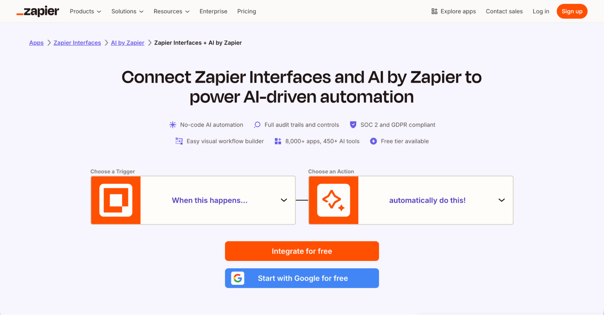 A Zapier webpage displays a headline about connecting Zapier Interfaces, AI, and Best Lead Generation Tools for automation. There are two drop-down menus, orange icons, and buttons to Integrate for free or Start with Google for free.