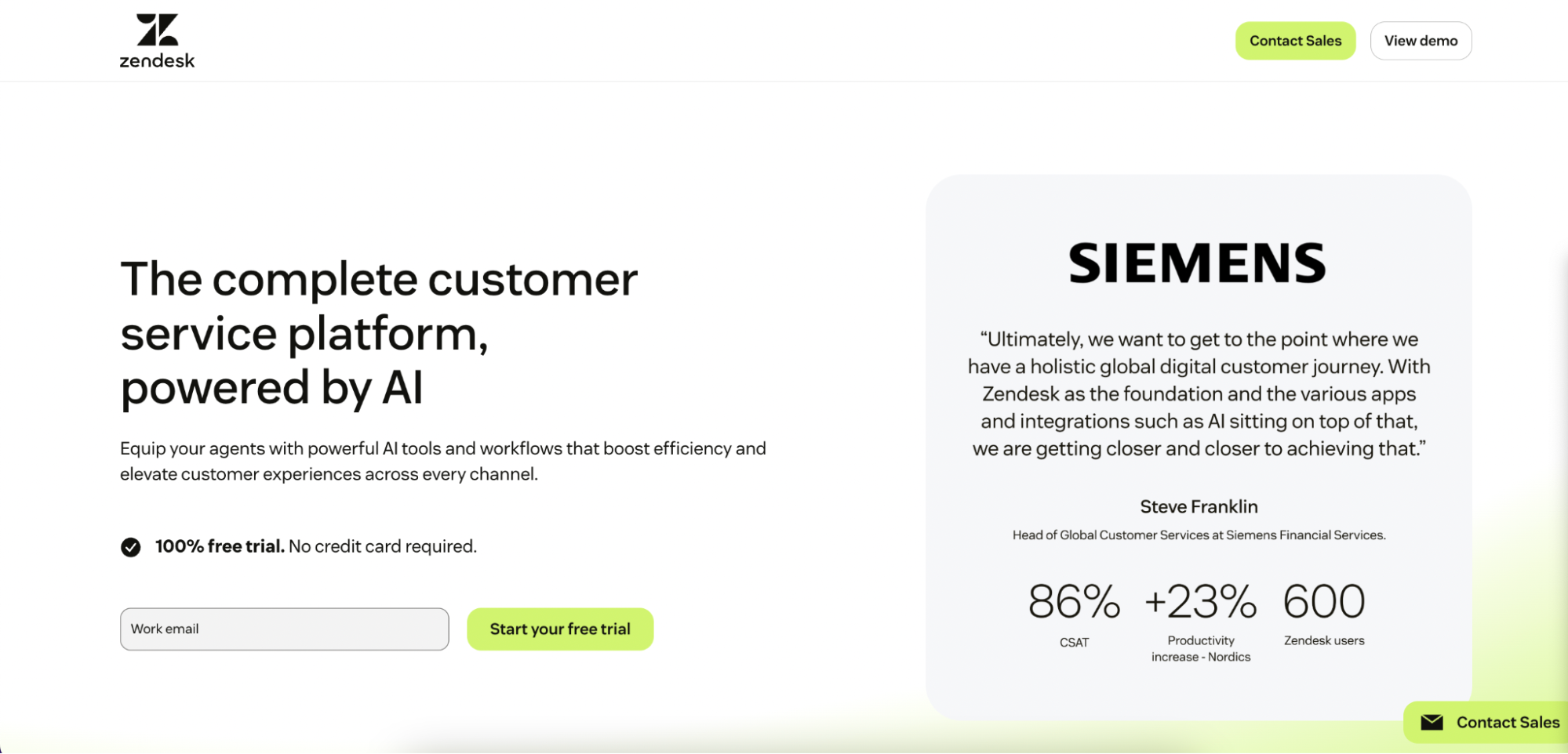Zendesk homepage featuring a headline about AI-powered customer service and the best CRM for lead management, a free trial signup form, Siemens testimonial, performance stats (86% CSAT, +23% productivity), plus Contact Sales and View Demo buttons.