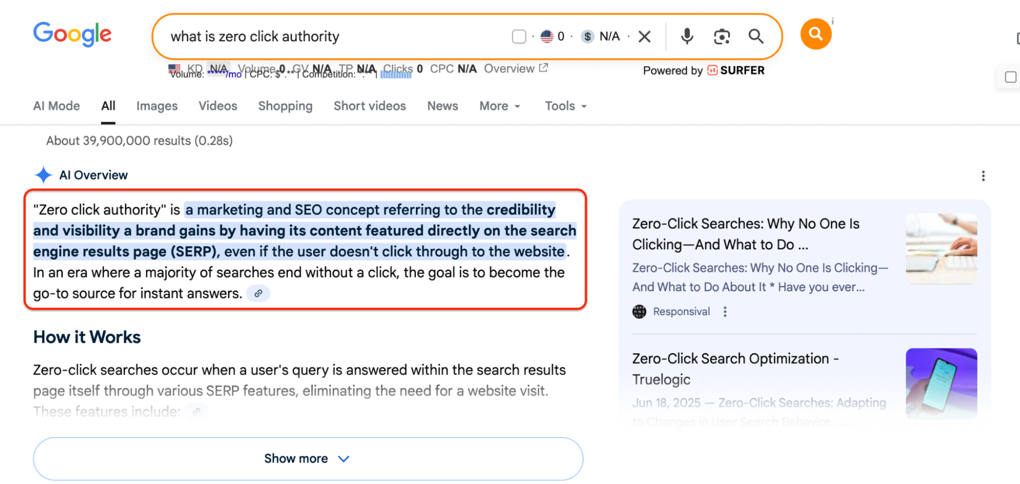 Google search results page showing AI Overview definition of zero-click authority and its importance for search engine visibility without requiring user clicks.