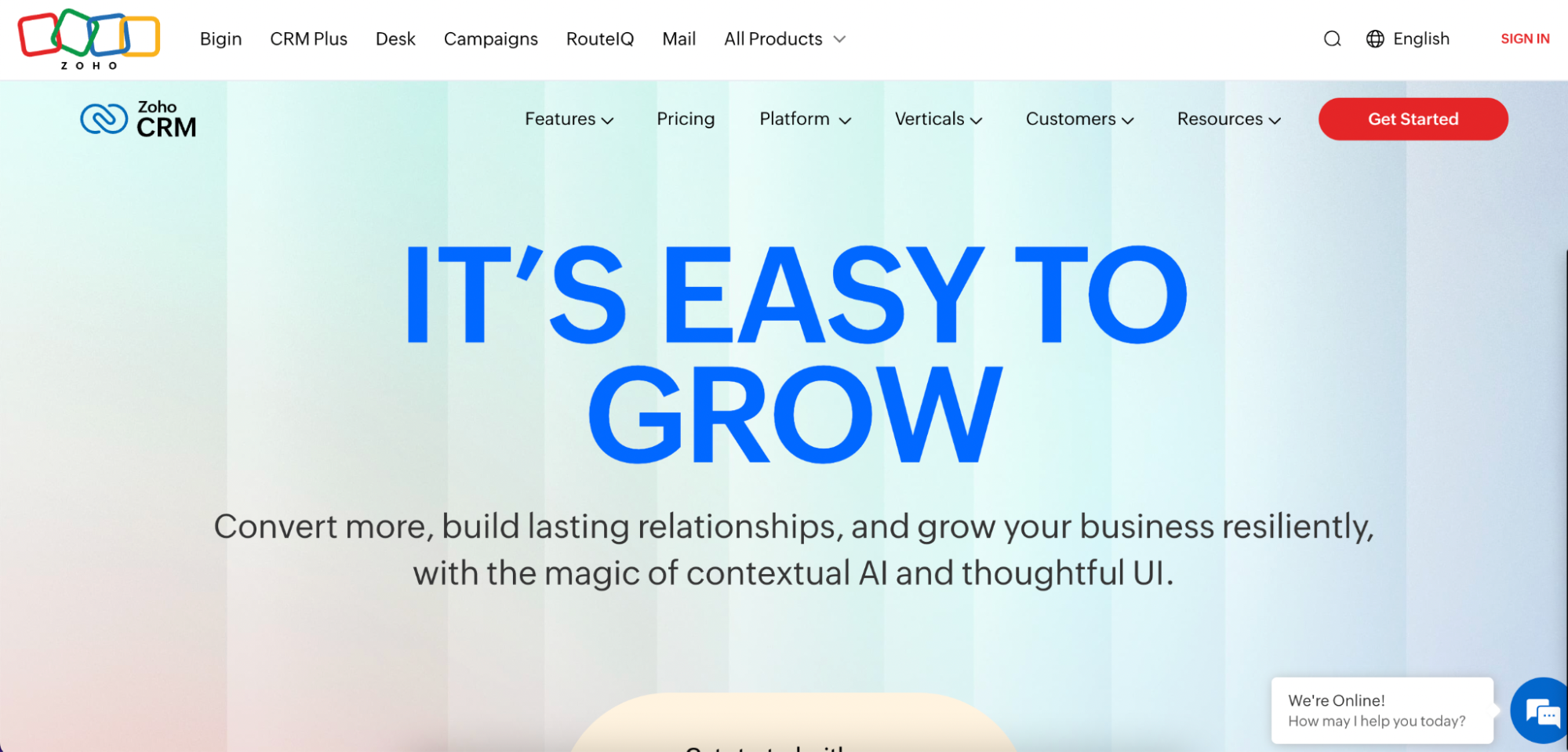 Screenshot of the Zoho CRM homepage featuring the text ITS EASY TO GROW and a subheading about building relationships and growing business with AI and UI—the best CRM for lead management. Navigation menu and a red Get Started button are at the top.