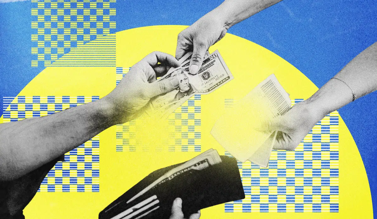 A stylized collage illustration showing hands exchanging US currency over a vibrant yellow and blue geometric background.