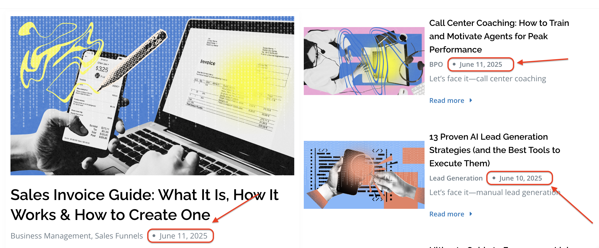 A screenshot of three LeadAdvisors blog posts published in June 2025, featuring topics on sales invoices, AI lead generation strategies, and call center coaching, each with highlighted publication dates.