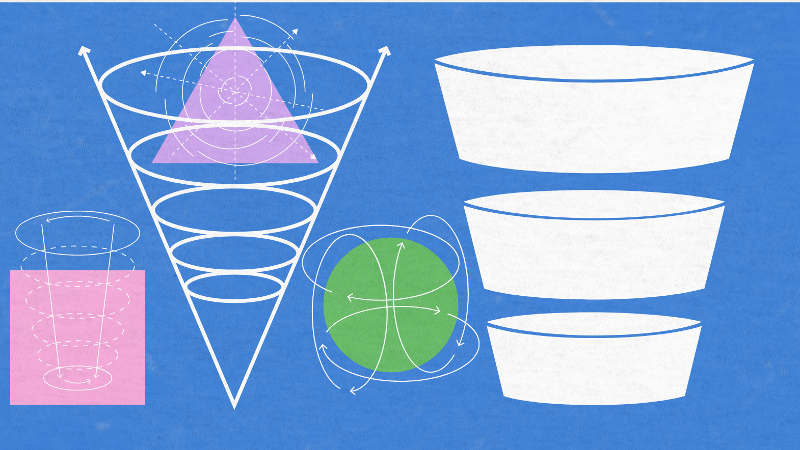 A stylized graphic showing various abstract funnel shapes, geometric forms, and flow diagrams on a blue background.