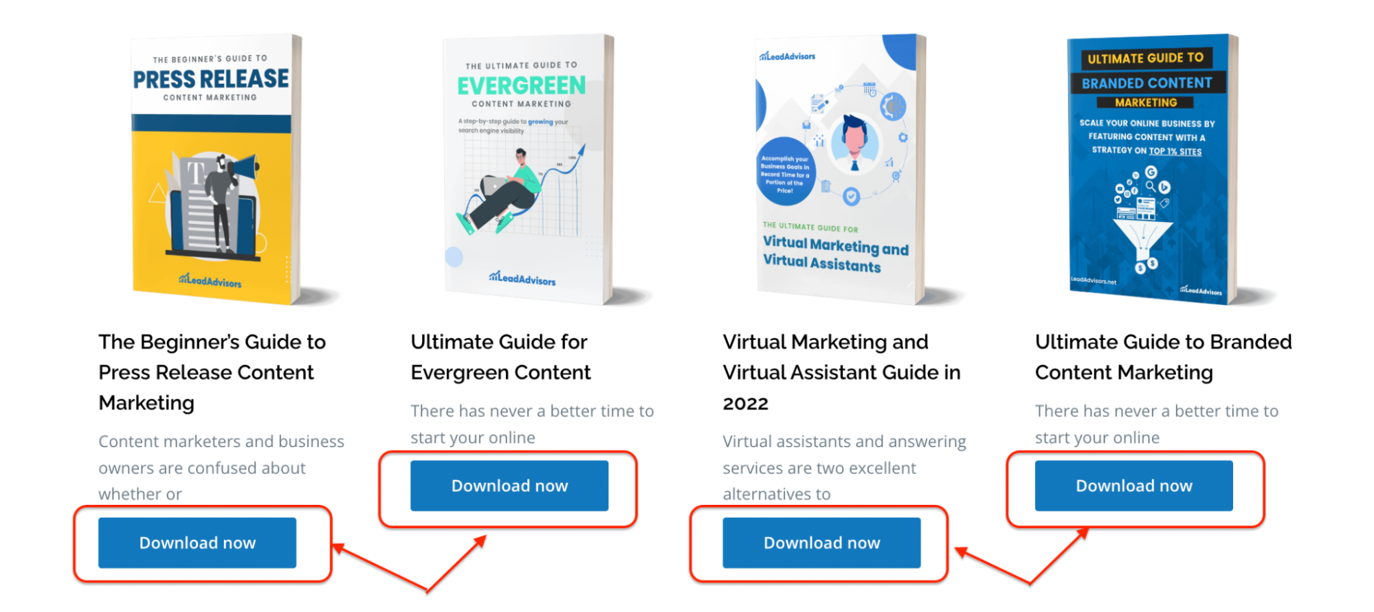 Image displaying four LeadAdvisors eBooks with download buttons, covering topics like press releases, evergreen content, virtual assistants, and branded content marketing.