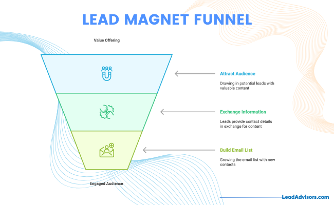 Diagram illustrating a lead magnet funnel with three stages: Attract Audience, Exchange Information, and Build Email List.