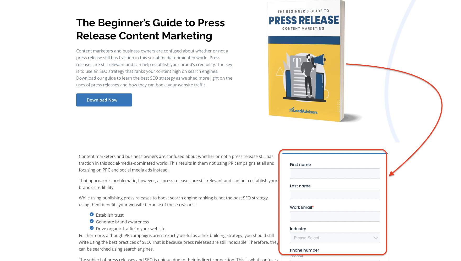 Landing page for downloading 'The Beginner’s Guide to Press Release Content Marketing,' featuring a form to collect user information.