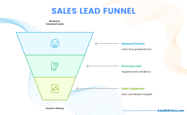 Funnel graphic showing stages of a sales lead funnel: Expressed Interest, Nurturing Leads, and Sales Engagement.