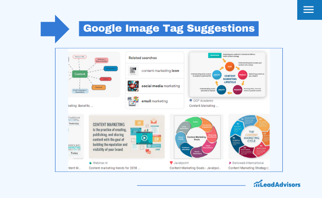 A screenshot showing Google image tag suggestions for Content Marketing, featuring a grid of colorful infographic thumbnails, related NLP and LSI search tags, and the title Google Image Tag Suggestions at the top.