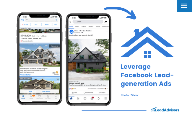 Infographic showing Zillow Facebook ads for real estate with a tip to leverage lead-generation ads