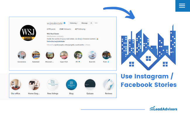 Infographic featuring a WSJ Real Estate Instagram page with a tip to use Instagram and Facebook Stories for marketing